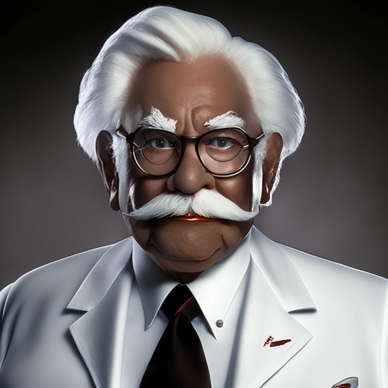 Colonel Harland Sanders, the founder of Kentucky Fried Chicken (KFC),  a wearing a white suit, a black string tie, and a white shirt. He has a neatly groomed white mustache and goatee, and wearing his trademark black-rimmed glasses. He has an evil expression! He is a villain!