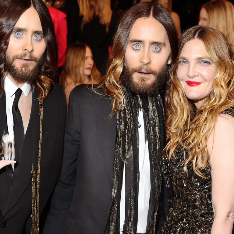 jared leto and drew barrymore are perfect strangers | irresistably vivid biomimetic camouflage chatting in the shiny cyborg cat rave cave | bling bling | in the style of skeletor | in the style of david lynch   --lackliner