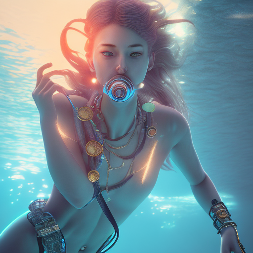 woman swimming underwater using futuristic necklace as a breathing apparatus, cinematic lighting, hair flowing, volumetric lighting --trip
