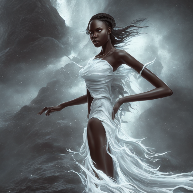 a young darkskin woman, standing beside a roaring waterfall, wearing a flowing white dress that billows in the wind, with her arms outstretched and her face turned upwards towards the sun, as if in a state of pure bliss  --solkolyder01