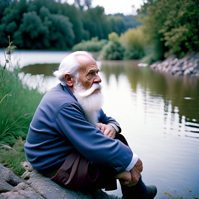 wise elderly man with gray hair and beard sitting along the bank of a river --fp1k 