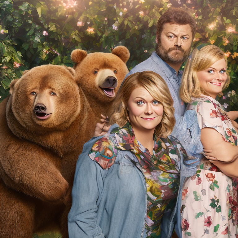 Nick Offerman and Amy Poehler on a vacation being chased by a cute bear --vacation   