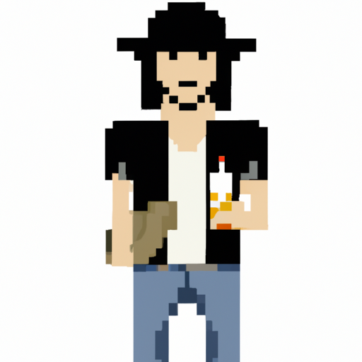 A man with shoulder-length hair wearing a black trucker hat and holding a beer.  --8bit  