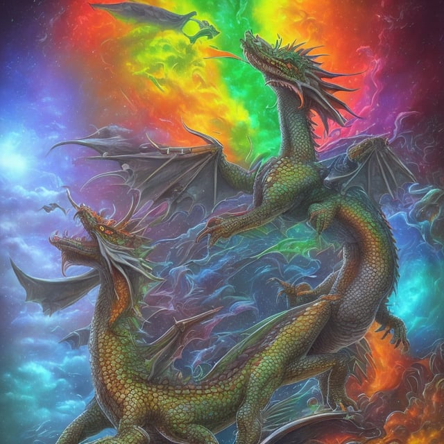 Perfectly detailed rainbow dragon, alone, fantasy, great composition, concept art, highly detailed, 8K, perfect full body shot, no flaws, perfect dragon face, powerful jaw muscles and a sturdy jawbone structure, sharp, pointed large and curved teeth similar to crocodiles and sharks, two pointed horns protruding from the dragon's head, four legs and large, clawed feet, sharp and menacing claws, long and muscular tail, large and powerful wings, fierce and glowing eyes, long and slender neck, dragon's torso is muscular and covered in scales --dreamlike