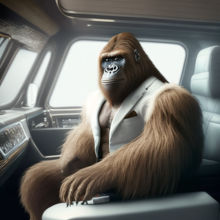 A brown Sasquatch  wearing clothes in the back seat of a white  limousine