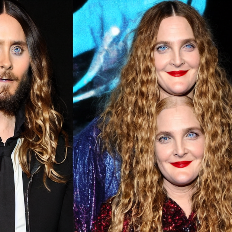 jared leto and drew barrymore are transmultiversal strangers | irresistably vivid biomimetic camouflage chatting in the shiny cyborg cat rave cave | bling bling | in the style of skeletor | in the style of david lynch    --lackliner