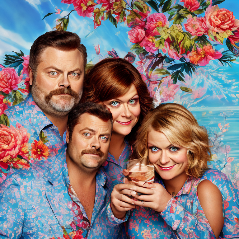 Nick Offerman and Amy Poehler In the style of jcpenney portrait with 80's hair  --vacation