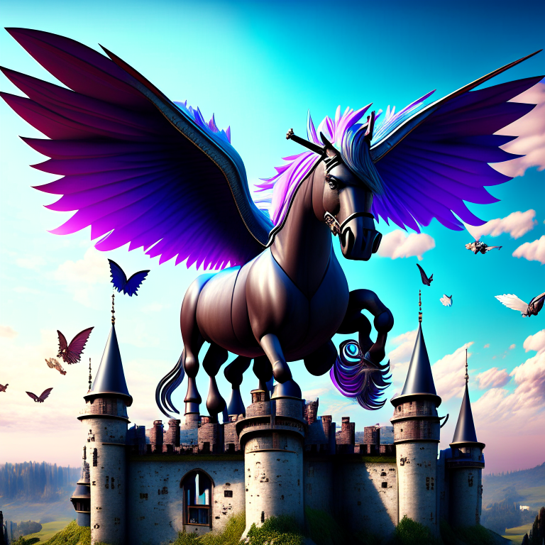 enormous pony with big wings above castle --synth