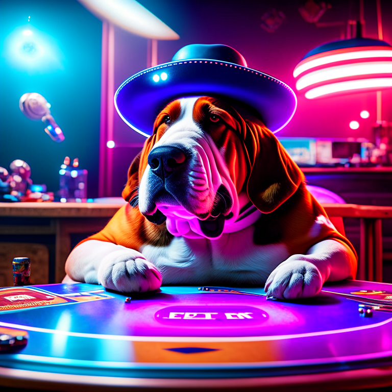 A fat basset hound wearing a  visor and a spiked collar sitting at a poker table with a cigar in his mouth --fp1k-beauty 