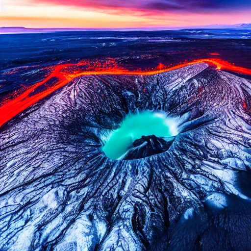 aerial view of a volcano erupting in iceland, lava is blue instead of red, wide angle, capturing surrounding landscape, detailed, sun setting, no manmade structures in view