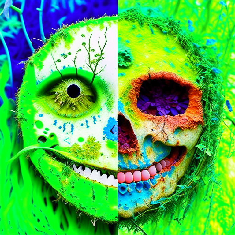 cheerful death and despair zone signalled by one face | one and only one face in the image | vivid biomimetic colors | joy and laughter --sta