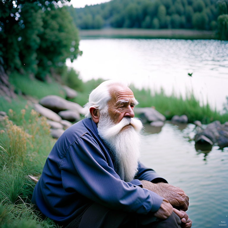 wise elderly man with gray hair and beard sitting along the bank of a river --fp1k