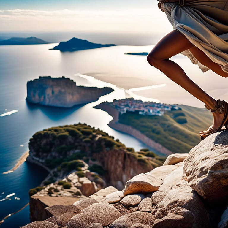 Woman's Emotion on Cliff with Ancient Greece::1 An intensely emotional scene depicting a woman screaming while staring at her feet, standing on a cliff with a cinematic cityscape and the ancient Greece landscape in the background, wearing sandals for a striking contrast::1 dramatic, powerful, overwhelming emotion, timeless backdrop --fp1k