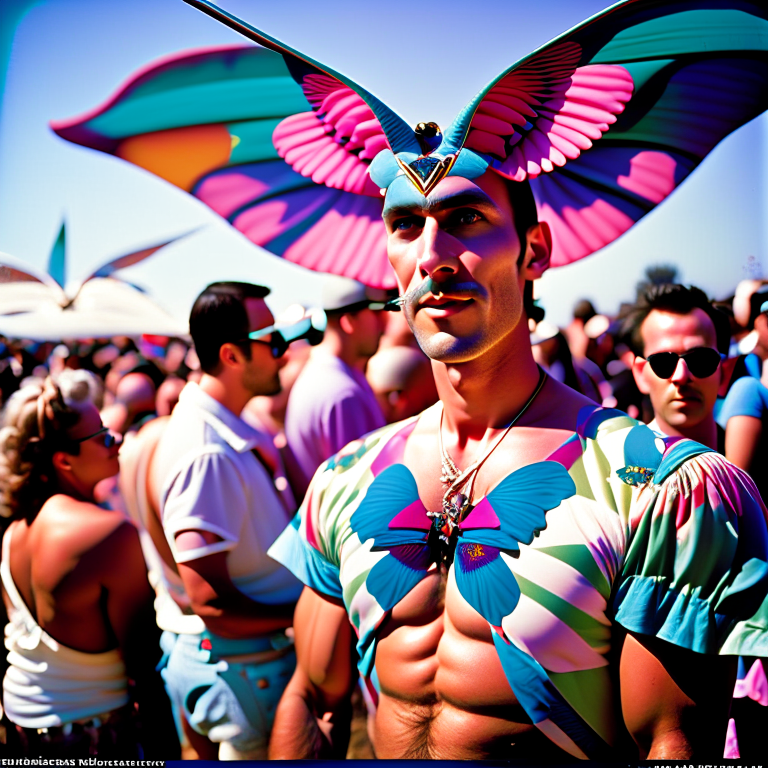 luna moth models tasteful hawaiian shirts in a fashion runway show at muscle beach, with leis festooning each antenna --fp1k 