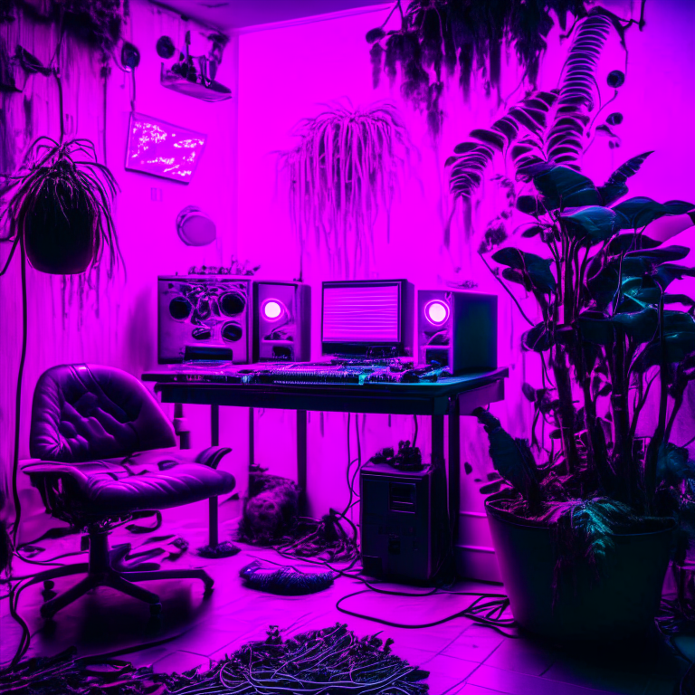 Neon purple pink black cyberpunk music studioa neon purple and pink lit cyberpunk music studio with black leather chairs and a holographic mixing console --stnes