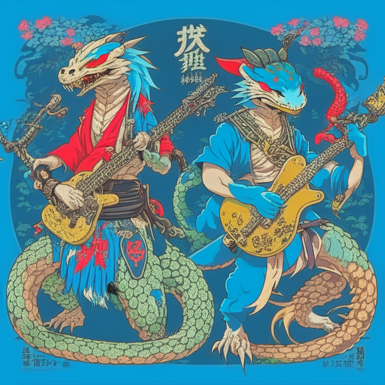 Two fierce pythons with guitars