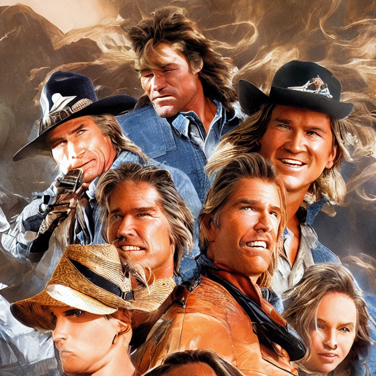 cowboys kurt russell or val kilmer never rides a corn horse | close up of their face | in the style of michael bay
