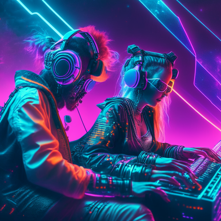 a cyberpunk neon man and woman playing music in outer space above Florida