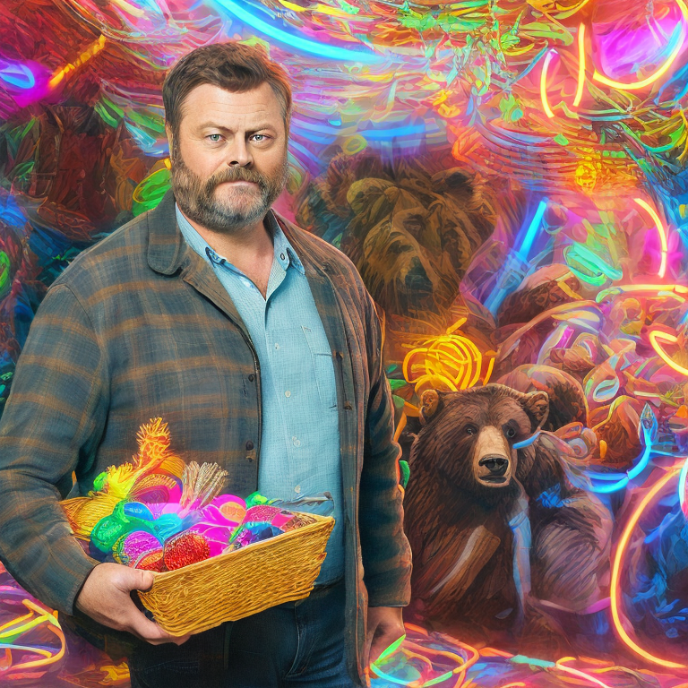Nick Offerman gives a basket of neon treasure to a grizzly bear as a care package --vacation 