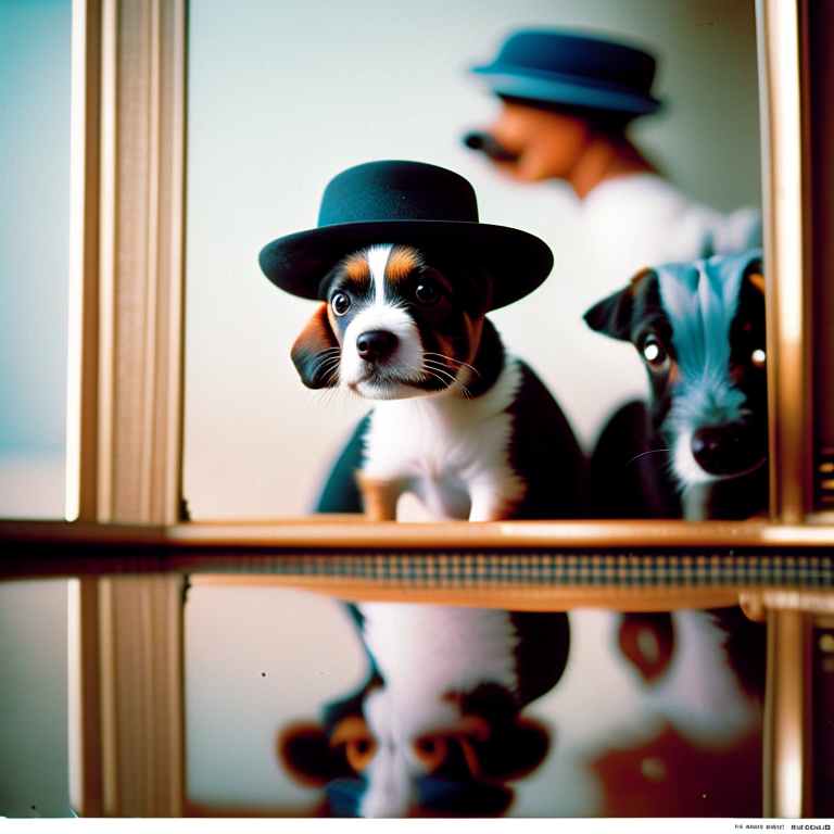 A funny puppy looks in a mirror surprised to see that its reflection is wearing a top hat and monocle, looking very sophisticated --fp1k
