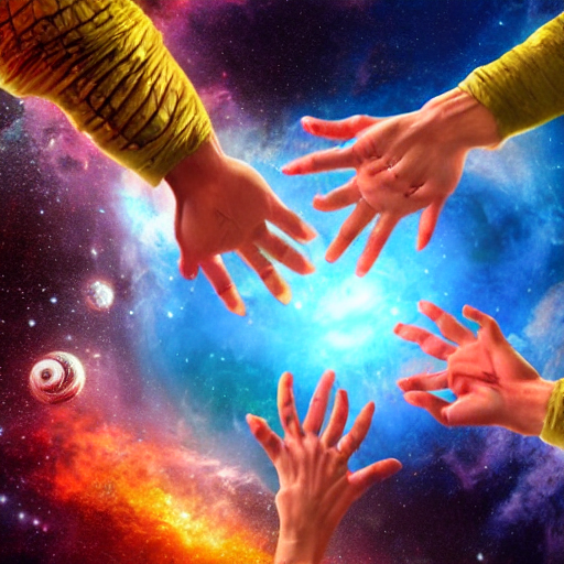The hand of God, holding a group of people of different races in space --dream