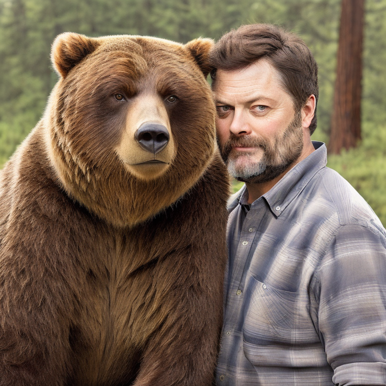 Nick Offerman is smirking at an adorable hilarious grizzly bear on vacation in the Pacific Northwest  --vacation