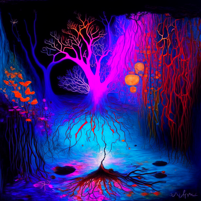 cave painting entitled “when i recognized the opportunity to study out swamp thing by way of experimentation with promptcore” | vivid biomimetic colors