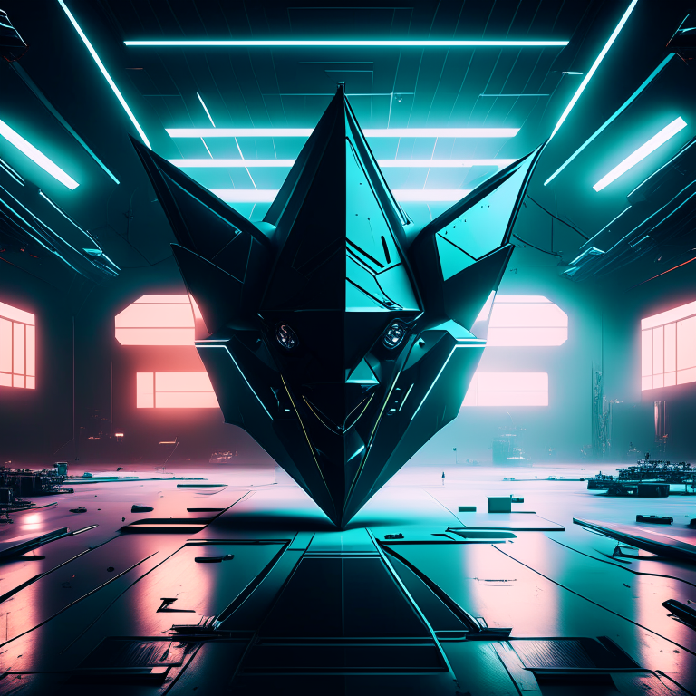 A black triangular spaceship radiating energy hovering in a high tech hangar --synth