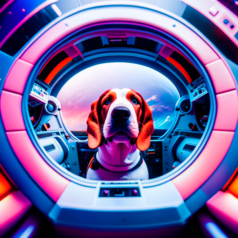 A fat, slobbery basset hound inside a cyberpunk spaceship --fp1k  