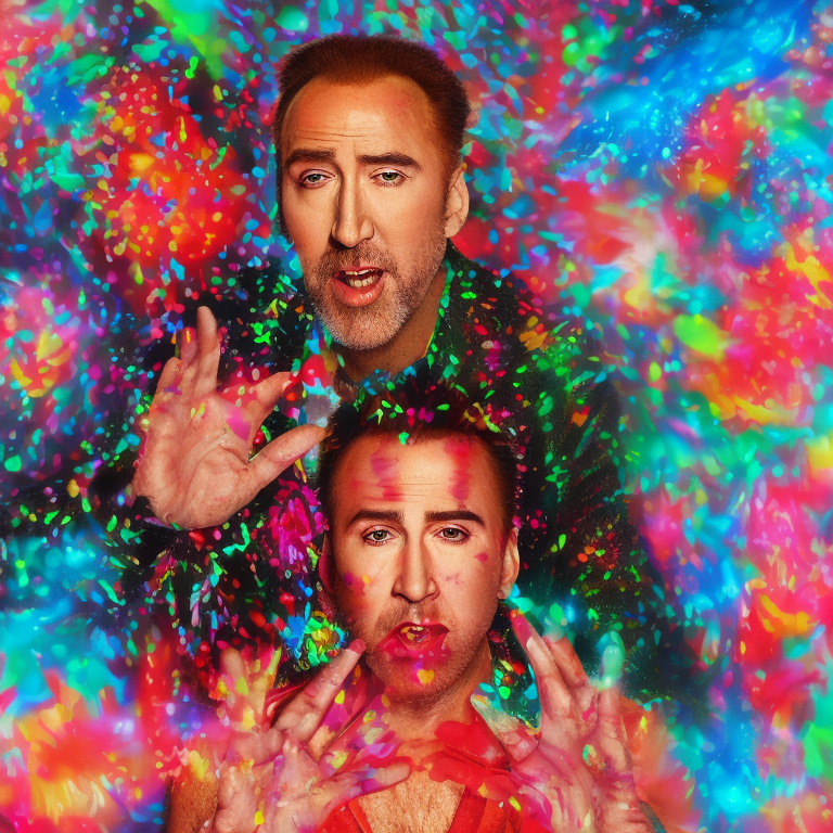 cheerful death and despair zone signalled by one face off of nic cage or john travolta | one and only one face in the image | vivid biomimetic colors | joy and laughter |  --facing