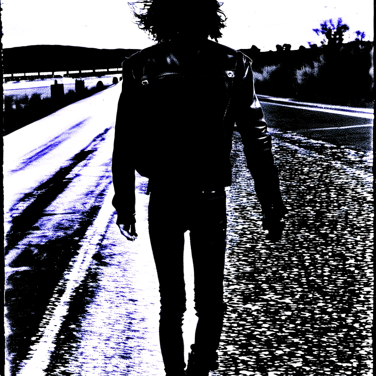 A black and white photocopied zine Man wearing a leather jacket made of alligator hide walking away from a jack knifed semi on a highway. Fire and snakes. --myface 