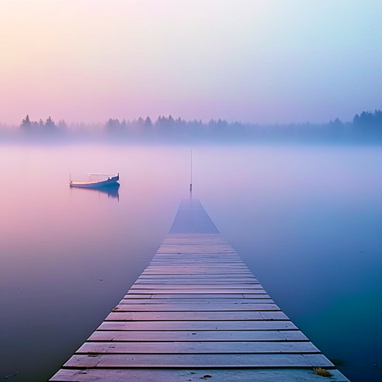 Early dawn light, solo swimmer, long wooden dock, fog on the lake --fp1k 