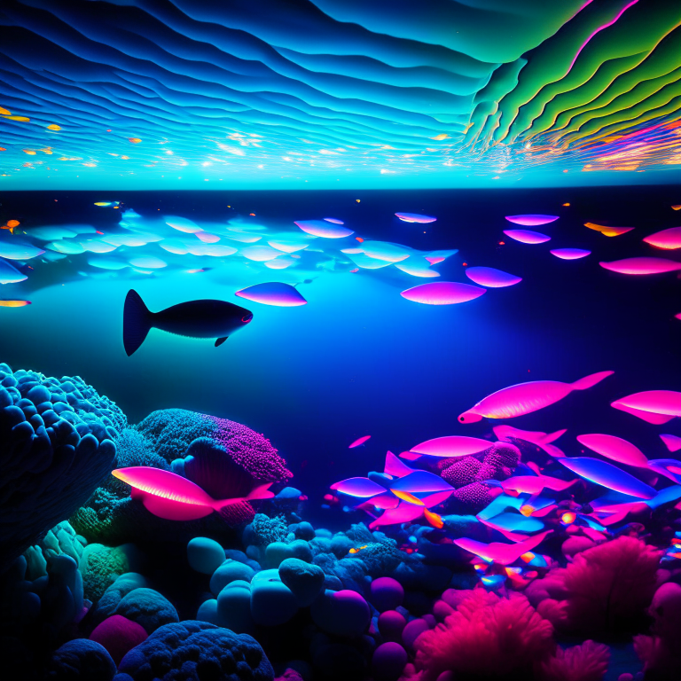 Reflecting ocean with bioluminescent fish in calm waters, creating a mesmerizing display of neon colors --fp1k 