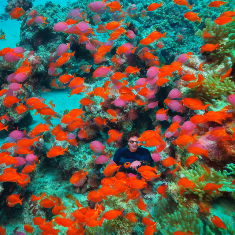 Neon coral underwater with a school of vibrant tropical fish at the edge of the beach  --vacation
