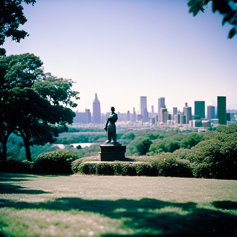 Alone in a park proud statue overlooking the city skyline --fp1k