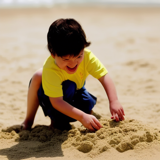 A child playing on a sunny happy beach, their laughter as they build a simple sandcastle, emulate Nikon D6 high shutter speed action shot, soft yellow lighting --sd2