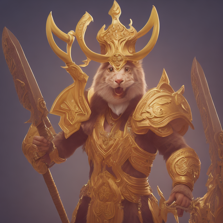 Adam Crown, male, dressed in a bunny costume with bunny ears, barbarian-like, colors are gold with light brown, golden glowing sword, gold metal headband, blue hair, masterpiece, best quality --trip