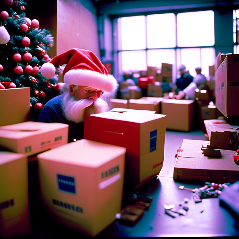 Santa is working at an Amazon warehouse stacking boxes under poor working conditions because Jeff Bezos took all the jobs from the North Pole and won't pay fair wages. He looks sad as he packs a toy in an amazon box --fp1k 