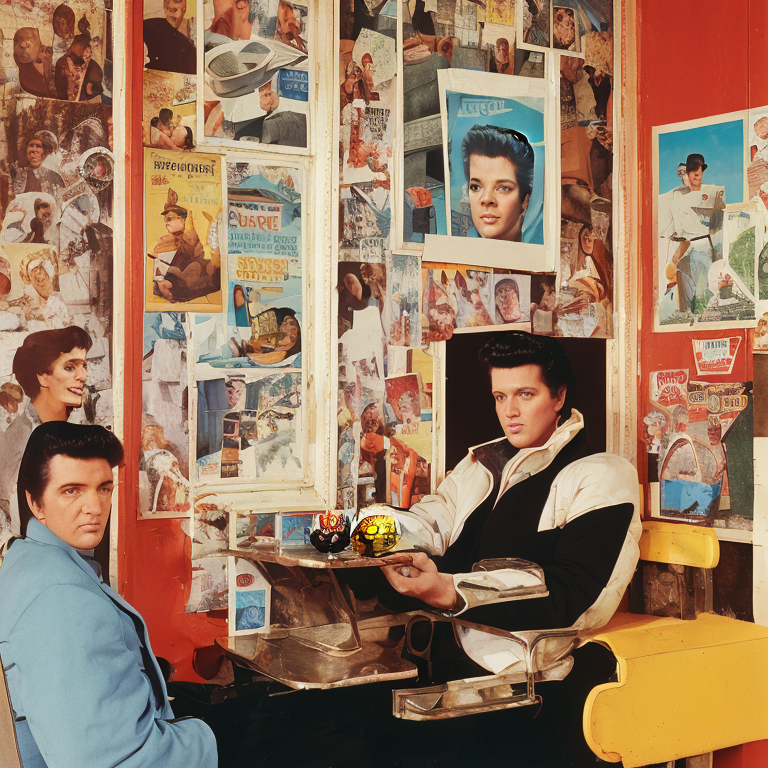 Elvis Presley at fried chicken stand.  --collage-oasis 