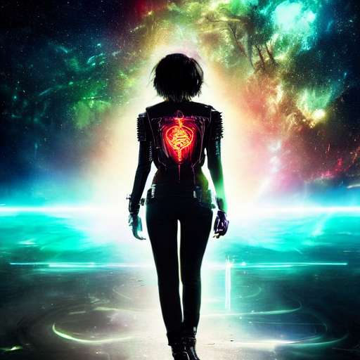 A bright and dark cyberpunk character image of a fierce young woman with short black hair with bangs, wearing a band t-shirt in space --dream-enrich
