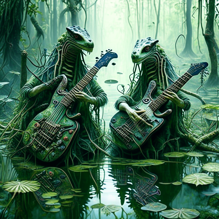 Two pythons with guitars in a swamp. 