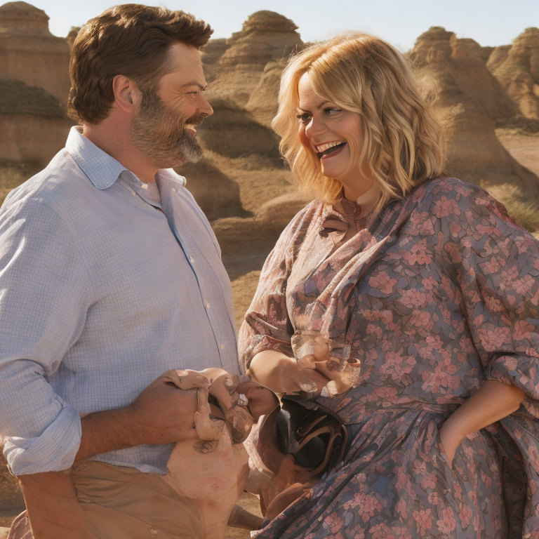 Nick Offerman and Amy Poehler laughing at each other about their fashion --vacation    