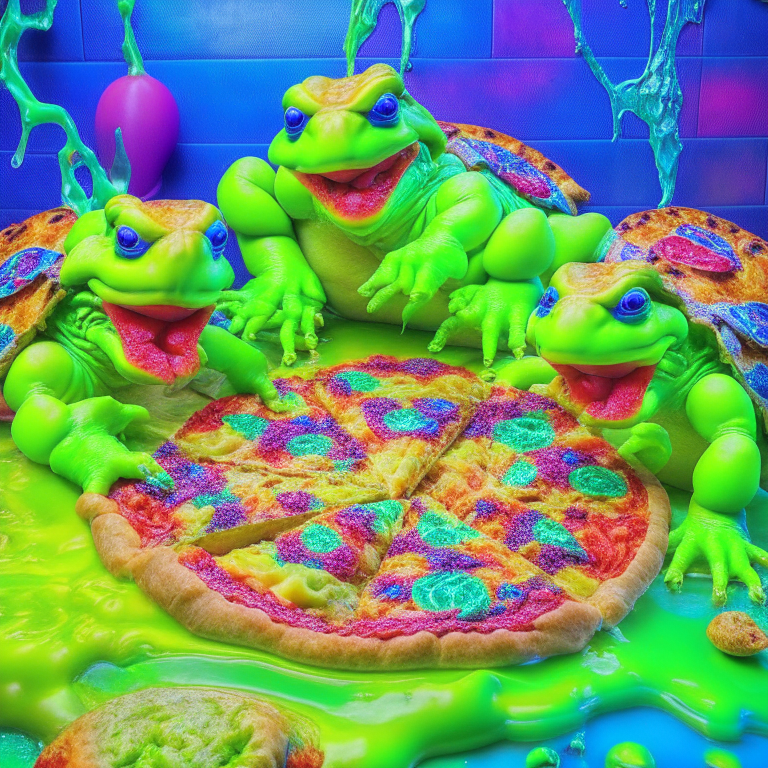 Four turtles eating an ooey gooey pizza with slime instead of cheese --slime --k