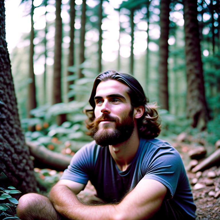 wise young man with beard sitting with forest background --fp1k  