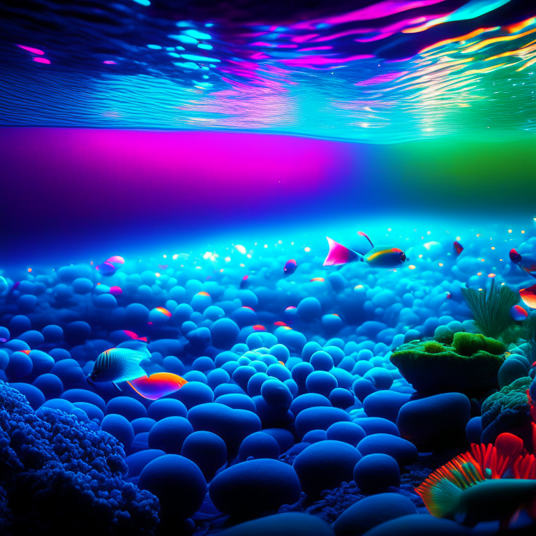 Reflecting ocean with bioluminescent fish in calm waters, creating a mesmerizing display of neon colors --fp1k