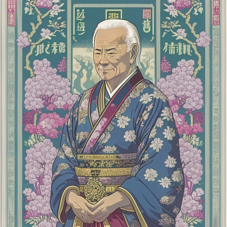 A woodblock print portrait of Joe Biden in traditional Japanese garb