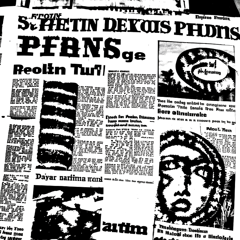 Black and white photocopied pythons on a newspaper featuring an image of a UFO.     --myface            