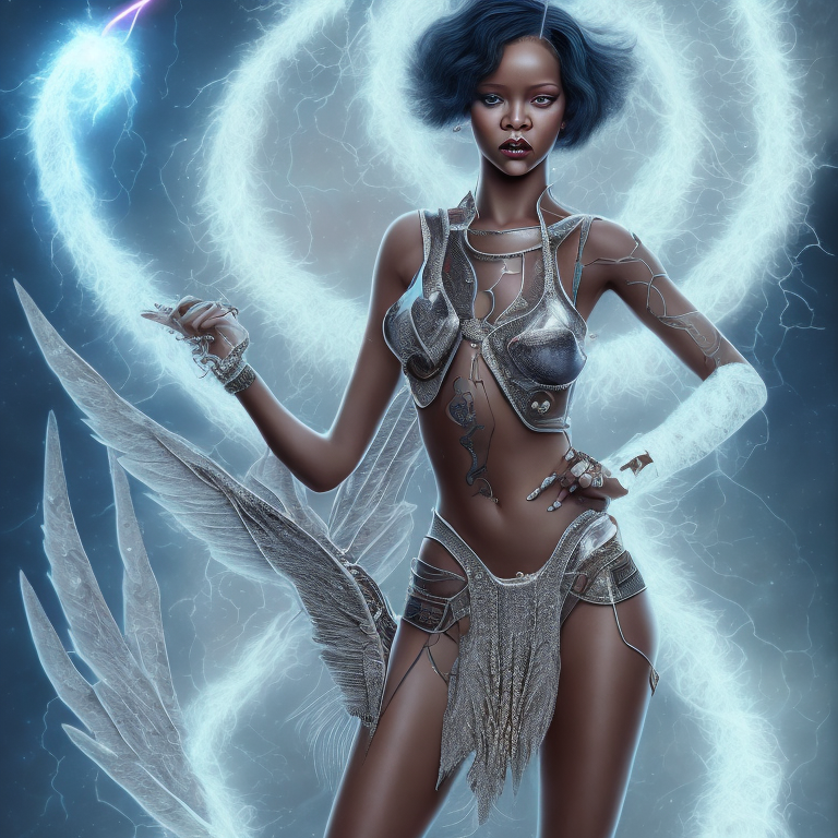 rihanna glides a thermal with outstretched papyrus wings, impervious to the tesla coil lightning flak --glibber