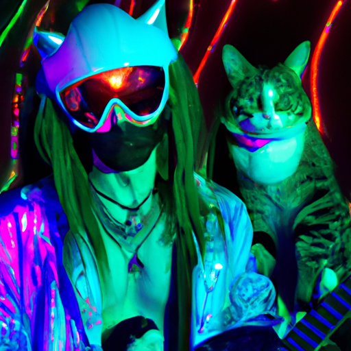  iridescent jared leto and bioluminescent jared leto  and vivid biomimetic jared leto wear personal protective equipment  at an internet surfing cat rave cave --dalle 