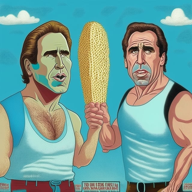 john travolta and nicholas cage chew from opposite sides of a giant corncob, in the style of jack kirby --k